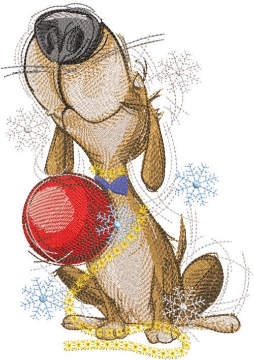 Funny dog with a Christmas ball embroidery design