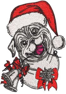 Bulldog in santa hat with bells embroidery design