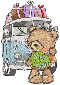 Teddy bear with map near to minibus embroidery design
