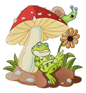 Frog's rest under mushroom embroidery design