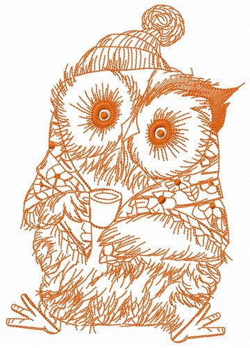 Granny owl with coffee machine embroidery design
