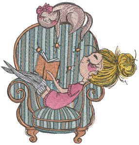 Girl and cat rest together embroidery design