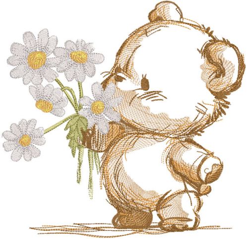 bear with daisies sketch embroidery design