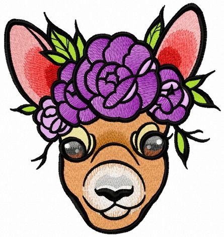 Deer with wreath of purple flowers machine embroidery design