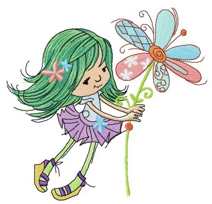 	 Tiny girl with magic flower machine embroidery design
