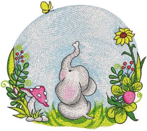 Baby elephant on sunny day in nature embroidery design