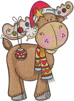Christmas deer wearing scarf and santa hat embroidery design