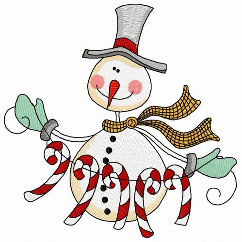 Snowman with candy cane garland 3 machine embroidery design