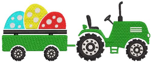 Tractor pulling a cart with eggs embroidery design