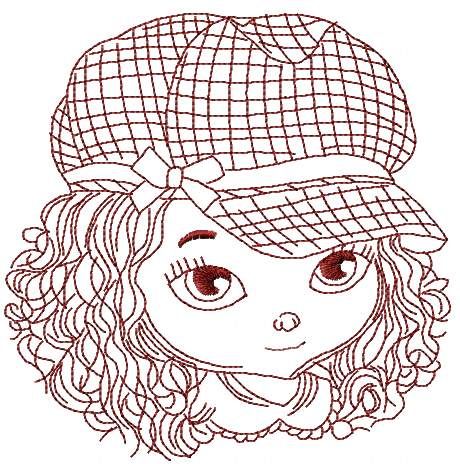 stylish curly girl redwork embroidery design