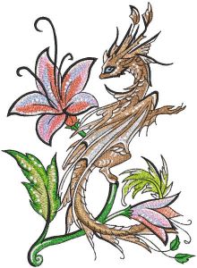 Diseño de bordado de dragón y lirio.
