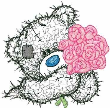 Tatty teddy bear with rose applique embroidery design