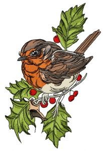 Robin on branch of holly  embroidery design