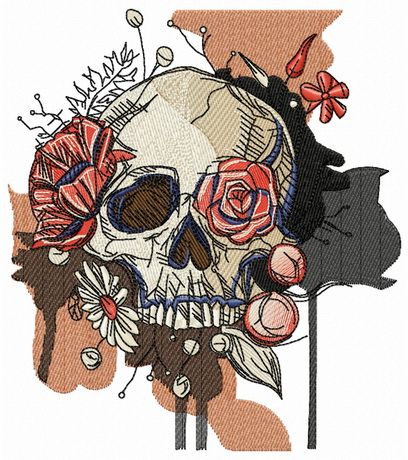 Skull overgrown with flowers machine embroidery design