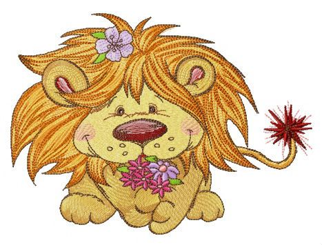 Lion with bouquet if spring flowers machine embroidery design