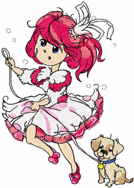 Malvina walking with dog embroidery design