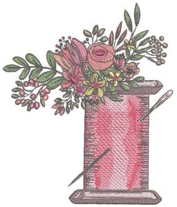 Spool thread, needle in flowers vintage embroidery design