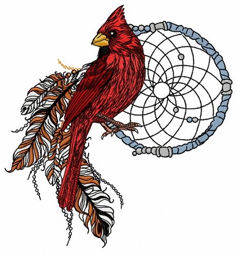 Northern cardinal with dreamcatcher machine embroidery design