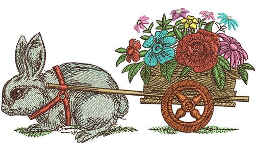 Bunny and cart with flowers machine embroidery design
