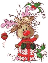 Happy fawn with Christmas gift embroidery design