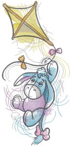 Eeyore flies on a flying kite embroidery design