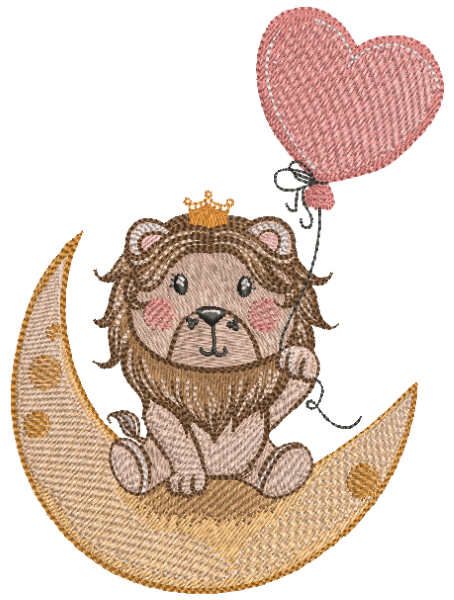 Lion on a crescent moon with balloon embroidery design