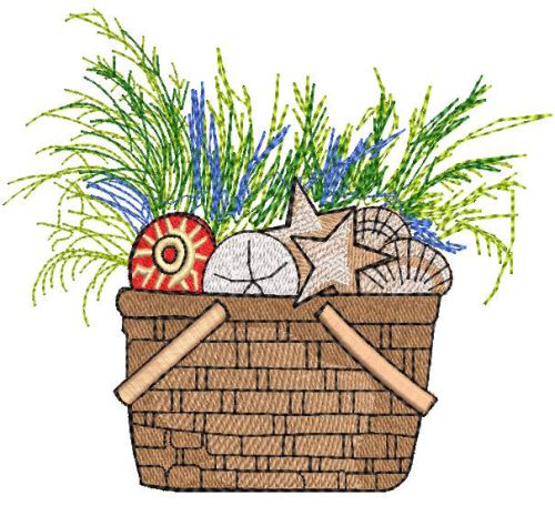 Wicker basket with lavender and shells free embroidery design