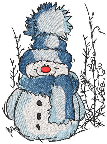Cheerful snowman in a knitted hat and scarf embroidery design