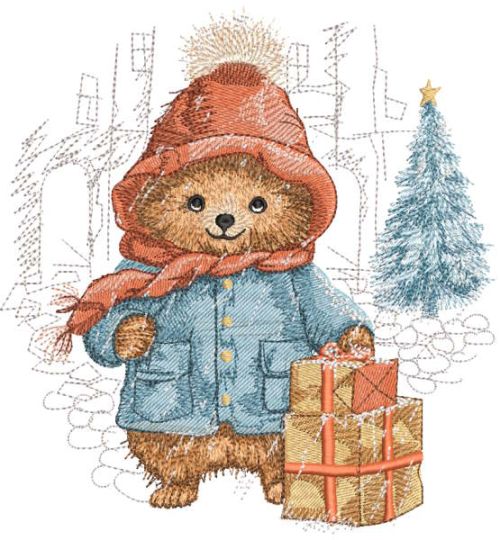 Paddington bear Christmas time embroidery design