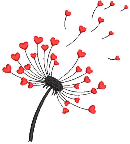 Dandelion with red hearts embroidery design