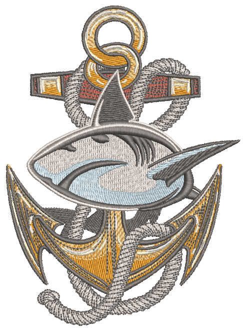 Angry shark and anchor embroidery design