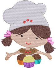 Funny cooking girl with cakes embroidery design