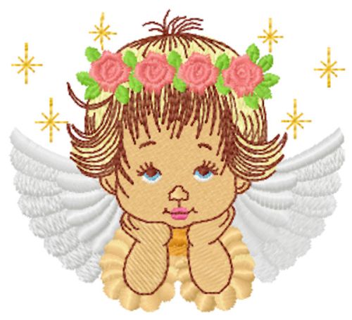 Blonde angel with a wreath of roses free embroidery design