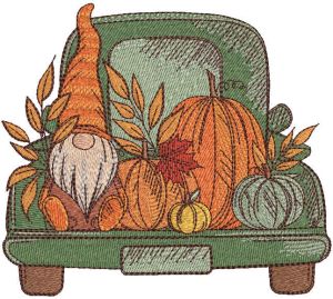 Autumn gnome with harvest in truck embroidery design
