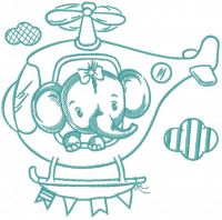 Baby elephant flying in helicopter embroidery design