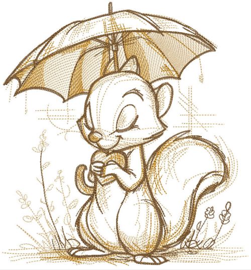 Squirrel with a heart under an umbrella embroidery design