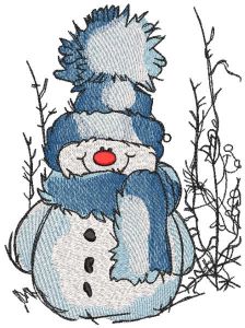 Cheerful snowman in a knitted hat and scarf