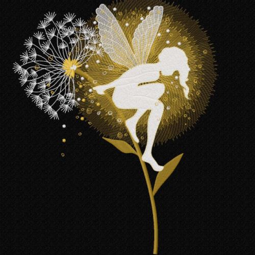 Fairy on golden dandelion embroidery design
