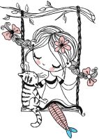 Girl and cat on a swing embroidery design