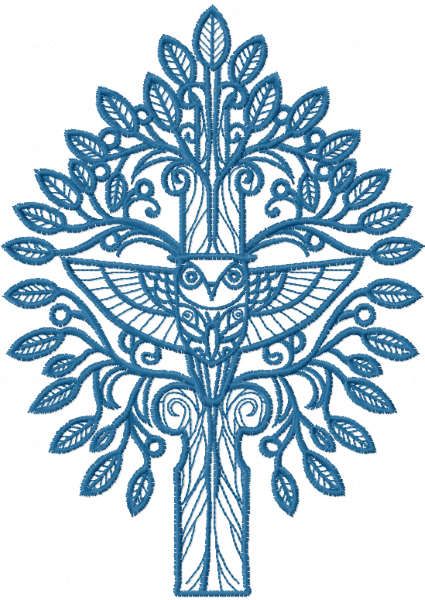 Blue tree and owl embroidery design