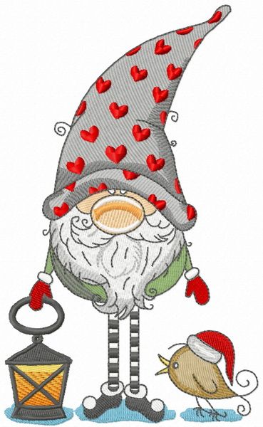 Gnome in phrygian cap with hearts holding lantern machine embroidery design