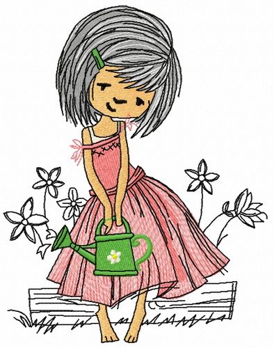 Girl with watering can 2 machine embroidery design