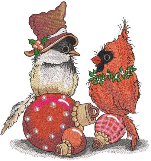 Costumed birds sit on Christmas balls embroidery design