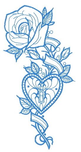 Rose and locked heart one color machine embroidery design
