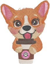 Corgi with coffee cup embroidery design