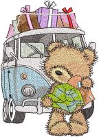 Teddy bear with map near to minibus embroidery design