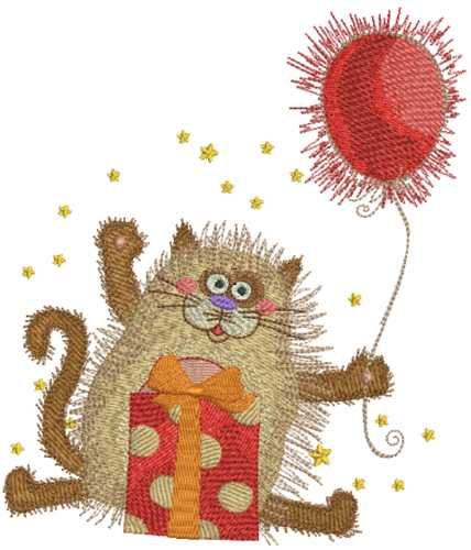 Christmas cat with gift and balloon embroidery design