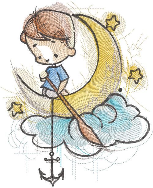 Boy with a paddle floating on a cloud embroidery design