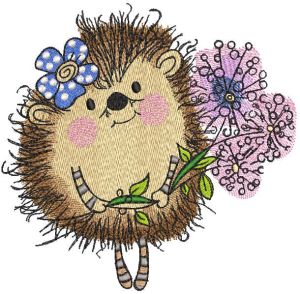 Hedgehog with bouquet lilac flowers embroidery design