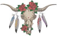 Buffalo skull with feathers and roses embroidery design
